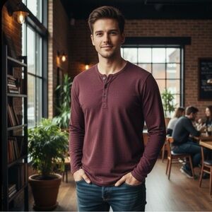 John Varvatos USA Men's Long Sleeve Henley Shirt | SIZE Medium | Burgundy